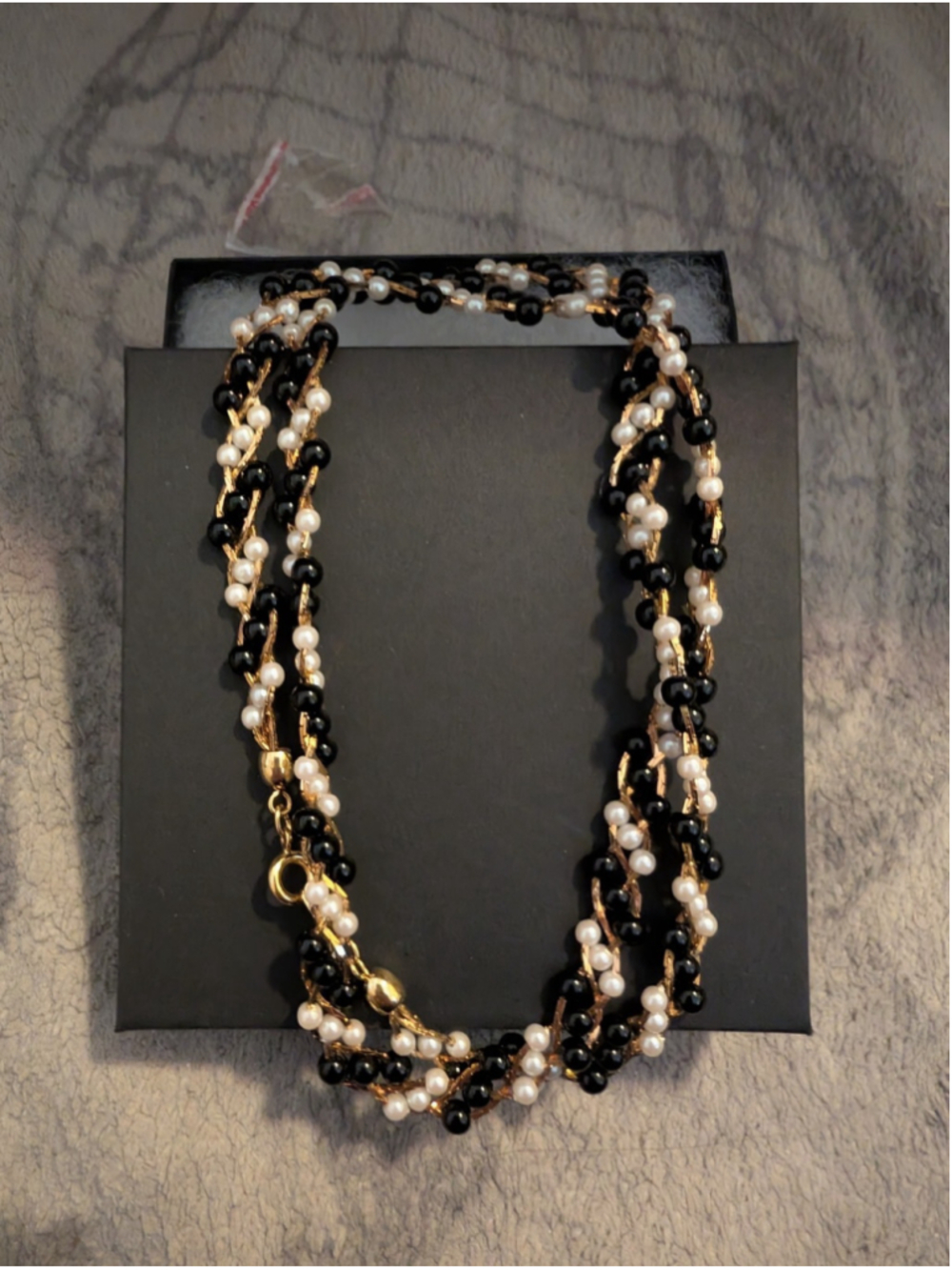 Vintage Braided Gold Chain with Black & Pearl Beaded Necklace Signed Trifari TM